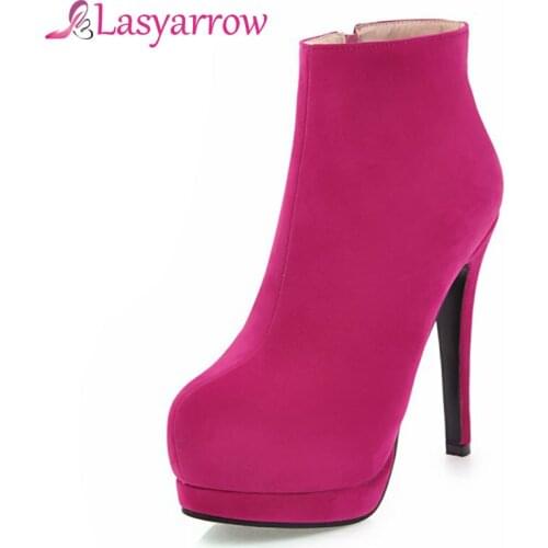 Lasyarrow Fashion Autumn Winter Sexy Women Stiletto Boots Round toe Zipper Ladies Boots Platform Super High Thin Heel Ankle Boot