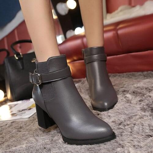 Women Ankle Boots Winter Suede High Heels Boots Ladies Fashion Pointed toe Gladiator Black Leather Shoes Woman Plus Size 34-42