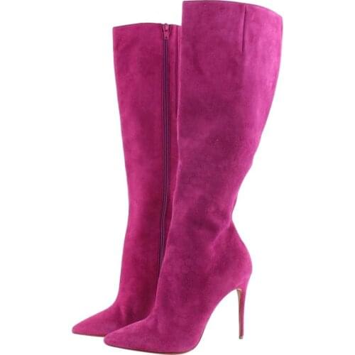 Moraima Snc Rose Pink Suede High Heel Shoes Woman Pointed Toe Thin Heels Knee High Boots Lady Dress Shoe