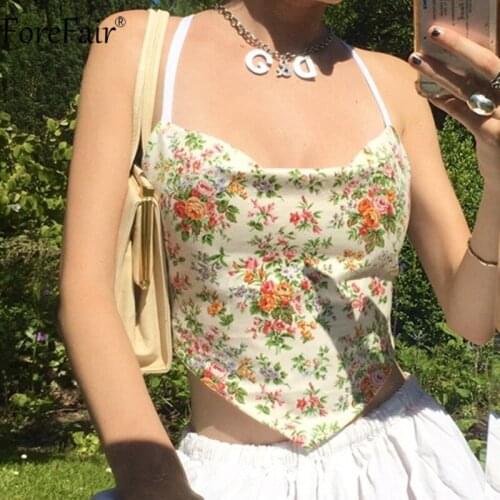 Forefair Summer White Sexy Y2K Tank Top Sleeveless Bandage Floral Print Backless Beach Casual Halter Crop Top Women 2021