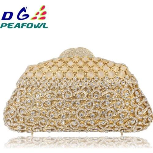 Lady golden wallet wedding clutch Metallic Hollow Out diamond stone mother of pearl evening bag clear toiletry box bag handbags