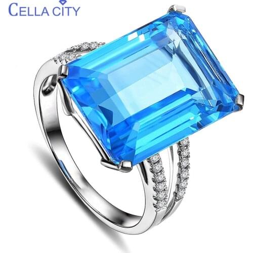 Cellacity Luxurious Geometry Aquamarine Rings for Women Simple Rectangle Blue Gemstones Silver 925 Jewelry Size6-10 Engagement