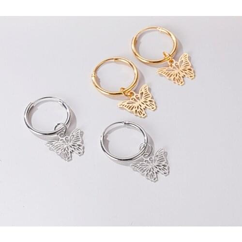 Golden Silver Plated Simple Hollow Butterfly Insect Geometry Irregular Copper Glossy Dangle Earrings & Drop Earrings for Women