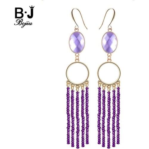 BOJIU Gold Drop Dangle Crystal Earrings For Women Bohemian Big Round Circle Long Purple Green Beads Tassel Earring Fringe EA041
