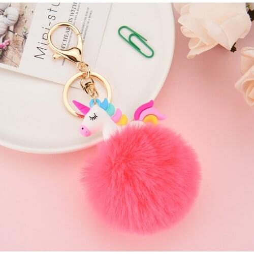 Multi Color Soft PVC Unicorn Fur Ball Alloy Keychain Bag Ornament Wholesale Pom Pom Keychain Pendant Llaveros Para Mujer