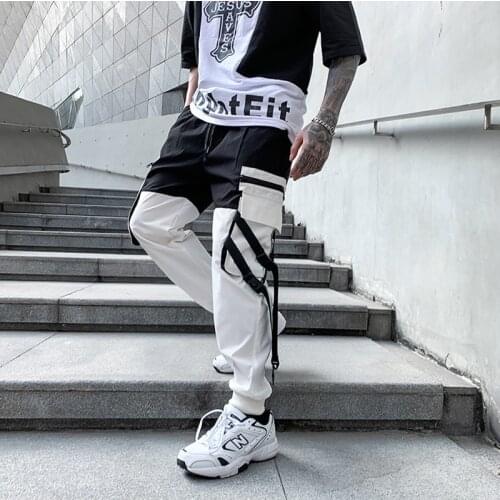 Streetwear Patchwork Cargo Pants Men Joggers Sweatpants Fashion Trousers Hip Hop Ribbon Design Harajuku Cargo Pant Male HG116