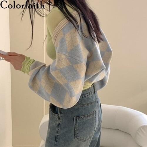 Colorfaith New 2021 Womens Autumn Winter Sweater Fashionable Elegant Short Checkered Cardigans Poncho Vintage Knitwears SWC3276