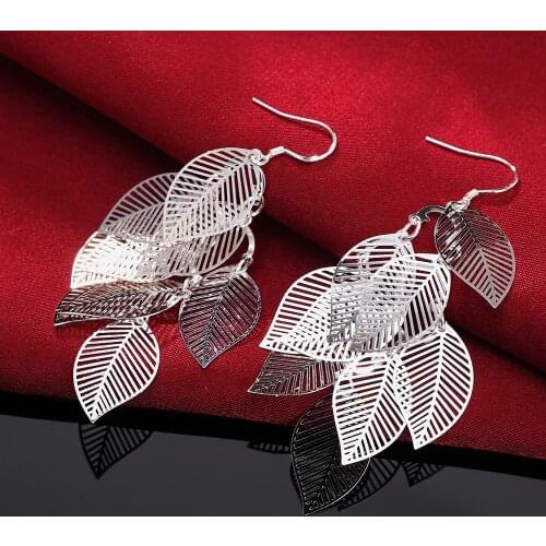 Fine Charm 925 sterling silver Jewelry High Quality Fashion Retro Hollow Maple Leaf Long Earrings for Woman Exaggerated party