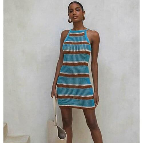 Classcial Stripe Knitting Cover Up Beach Women Blouse Summer Hollow Out Crochet Sexy Bikini Beach Dress Tunic Robe White