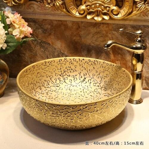 Round golden Jingdezhen Bathroom ceramic sink wash basin Porcelain Counter Top Wash Basin Bathroom Sinks porcelain kitchen sink