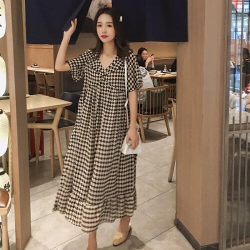 Summer Maternity Chiffon Dress Short Flare Sleeve V-Neck Plus Size Pregnant Women Plaid Dress Long Loose Pregnancy Maxi Dresses