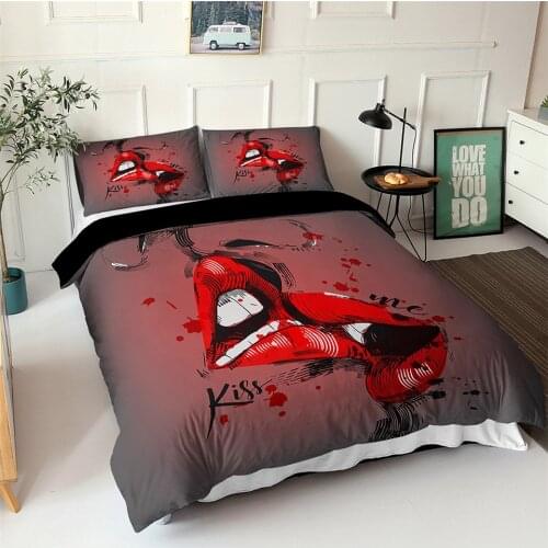 Fashion Red Lips Lovers Bed Linen Two People Double Bed Set Duvet Cover Set For Couple Cute Twin Single Bedding For Girls