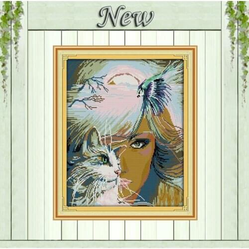 Beauty Girl and cat,pattern printed on the fabric DMC 14CT 11CT Cross Stitch kits,all with embroidery needlework Sets,Home Decor