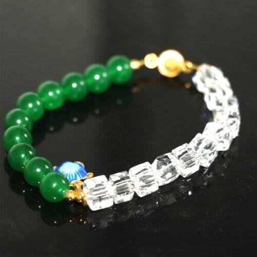Green blue chalcedony jades natural stone 8mm round beads white crystal unique bracelet charms cloisonne jewelry 7.5inch B2962