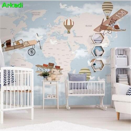 Nordic green childrens room cartoon art creative wallpaper hand-painted hot air balloon mural boy girl room wallpaper