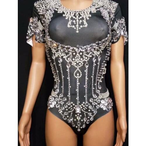 Sexy Rhinestone Pearl Short Siamese Printed Stretch Bodysuit Rhinestones One Piece Stage Singer Dancer Sexy Performance Rompers