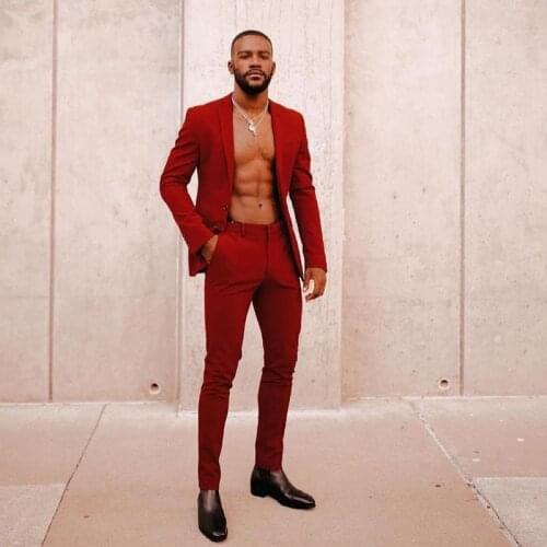 Dark Red Slim Fit 2 Piece Mens Suit One Button Peaked Lapel Wedding Tuxedos Customized Groomsmen Wear Prom Blazer and Pants