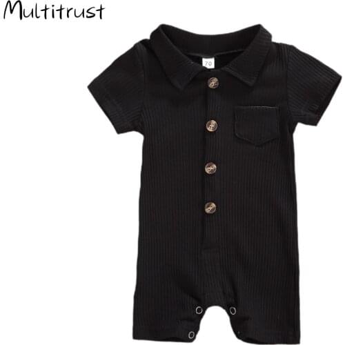 0-24M Spring Summer Baby Boys Rompers Newborn Infant Girls Short Sleeve Knitted Pocket Button Rompers Jumpsuits Overalls Outfits