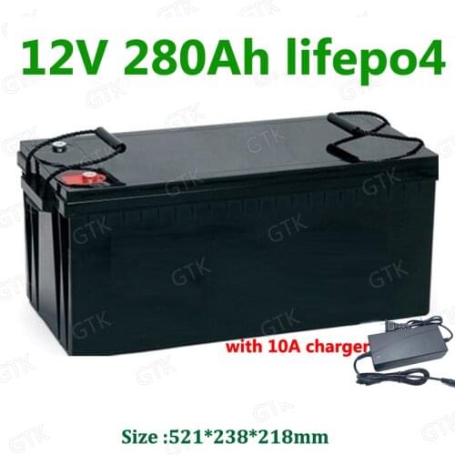 GTK Waterproof Lifepo4 12V 280AH lithium battery capacity 100A BMS 4S for 1200W inverter Solar energy backup power +10A Charger