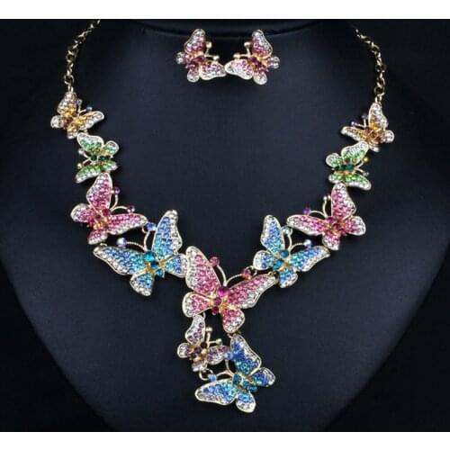 Zlxgirl jewelry Hot sale colorful Butterfly bridal jewelry sets perfect rhinestone crystal wedding necklace with earring bijoux