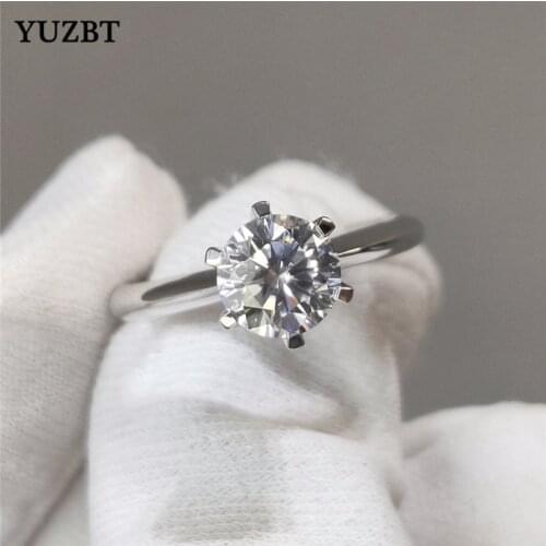 YUZBT Classic 18K White Gold Round Brilliant Cut 1 ct 6.5mm Gemstone Diamond Test Past D Color Moissanite Wedding Ring for Women