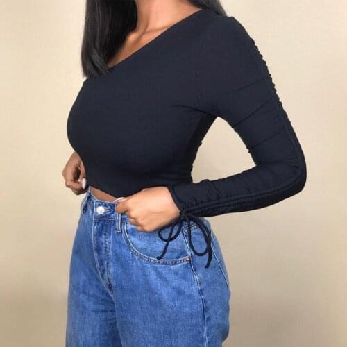 Women One Shoulder Off Shirt Long Sleeves Short Navel Exposed Top Irregular Simple Solid Color T-shirt Fashion Sexy Clothing