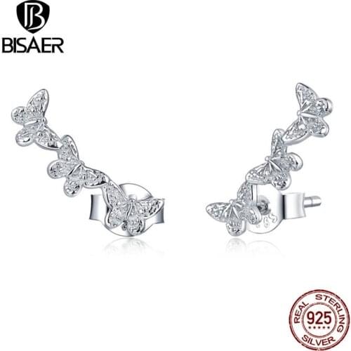 BISAER Flying Butterfly Stud Earrings 100% 925 Sterling Silver Zircon Earrings For Women Wedding Engagement Jewelry EFE377