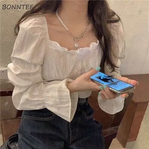 Shirts Women Cropped High-quality Flare-sleeve Casual Button Korean Vintage Streetwear All-match Mujer Harajuku Classic Summer