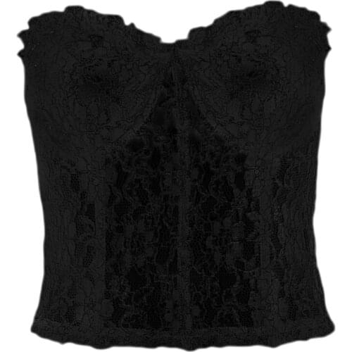 Women Sexy Strapless Off Shoulder Sheer Mesh Crop Top Ruffles Floral Lace See-Through Corset Bustier Club Party Backless