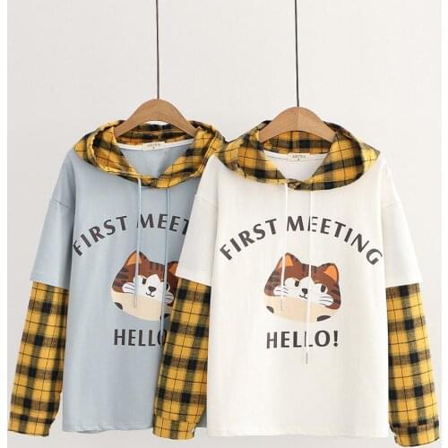 Harajuku Women Cat Print Plaid Patchwork Sweatshirt Autumn Loose Long Sleeve Turndown Collar Casual Fake Two Piece Pullovers
