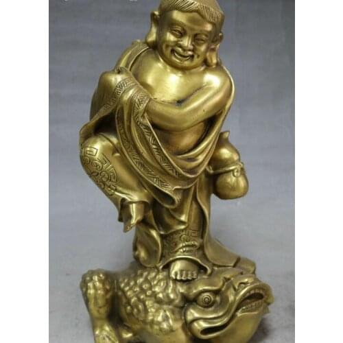 10" Chinese Pure Bronze Wealth Myth Liu Hai Toad Spittor Immortal God Statue