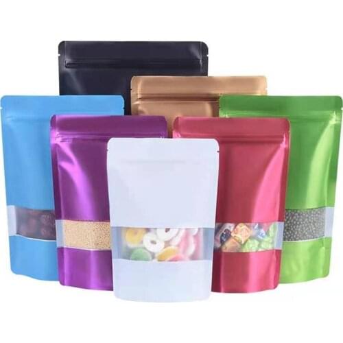 100Pcs/lot 20x30CM Matte Stand Up Aluminum Foil Snack Packaging Bag with Zip Lock Window Cereals Candy Mylar Foil Storage Bags