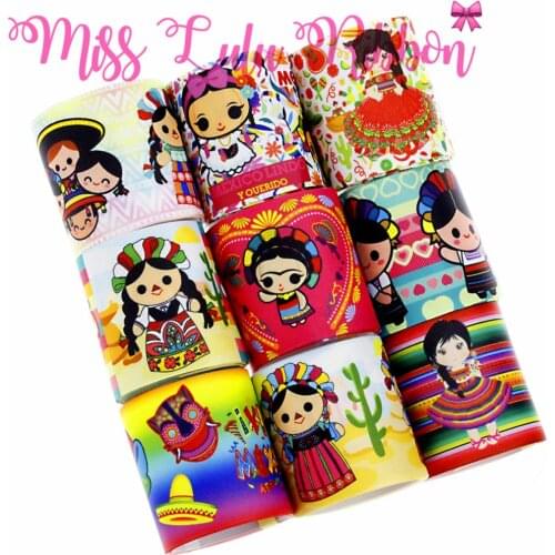 16mm-75mm Mexico Girl Series Printed Grosgrain/Foe Ribbon Cute Cartoon DIY Mexico National Day Hair Band Making 50yards/roll