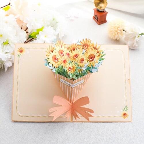 3D Handmade Best Wishes Gilding Sunflower Paper Invitation Greeting Cards Postcard Teachers' Day Thanksgiving Mothers Day Gift