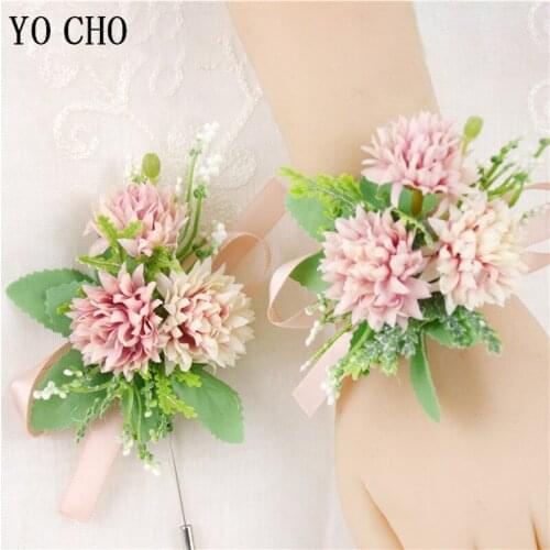 YO CHO Champagne Pompon Flower Groom Boutonniere Bride Wrist Corsage Artificial Silk Bracelet Wedding Flower Prom Party Corsages
