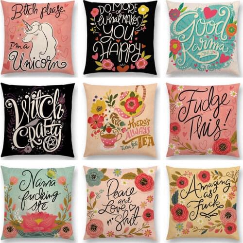 Flowers Leaf Decorative Letters Funny Words Pretty Sweet Foul Language Floral Pattern Cushion Cover Decor Sofa Throw Pillow Case