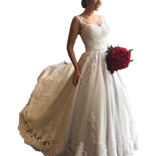 Elegant White Ball Gown Wedding Dresses Sheer Neck Pearls Lace Appliques Wedding Gowns Long Train Church Bridal Dress 2019