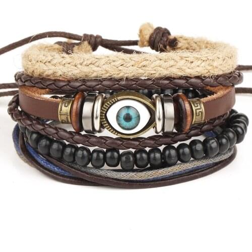 European and American Foreign Trade Retro Eyes Multi-Layer Adjustable Leather Beaded Bracelet Hand-Woven Mens Bracelet