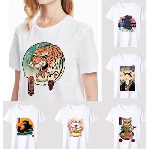 Womens T-shirt Summer O-neck Ladies Casual Fashion Vitality Cartoon Cat Top Harajuku Pattern Printing Series Slim Polyester Top