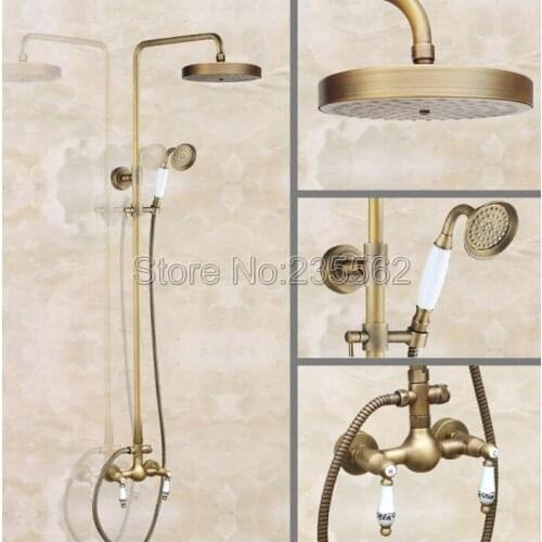 Bathroom Classic Rainfall Shower Heads Faucet Set Antique Brass Dual Ceramic Handle Shower Mixer Taps lan109
