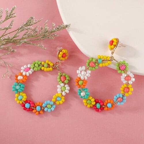 Korea Flower Hoop Earrings Exaggerate Round Colored Beads Floral Earrings Boho Eleagnt Big Earring 2021 Summer Boho Jewely 2021