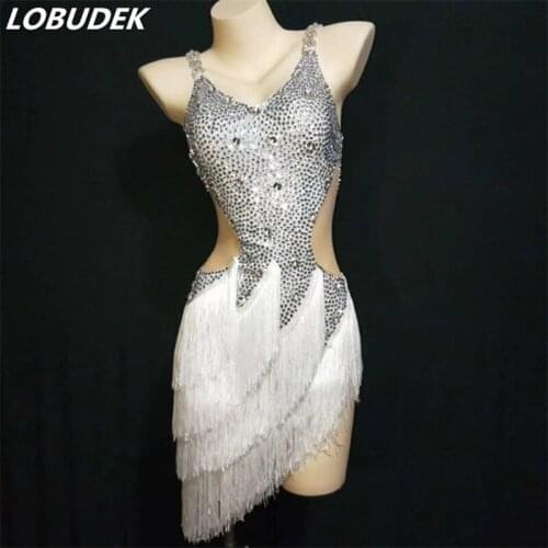 New Adult Women Latin Dance Competition Costume Sparkly Silver Rhinestones White Fringes Dress Sexy Tassels Dress