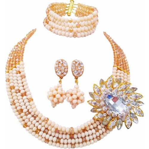 Fashion 5 Layers Gold AB Beige Nigerian Wedding African Beads Jewelry Set Crystal Necklace Earrings 5L-ZJ016
