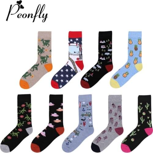 PEONFLY 1 Pair Men Socks Cotton Funny Crew Socks Cartoon Animal Dinosaur Cactus Women Socks Novelty Gift Happy Socks