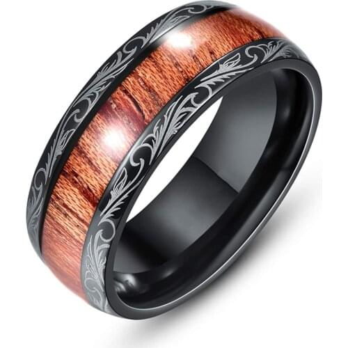 NEW Fashion 8mm Mens Black Tungsten carbide Ring Hawaiian Koa Wood Inlay Dome Engagement Ring Mens Wedding Band Jewelry Gift
