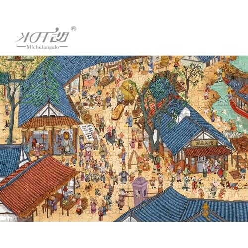 Michelangelo Wooden Jigsaw Puzzles 1000 2000 Piece Cartoon Scene at Qingming Festival Educational Toy Chinese Painting Art Decor