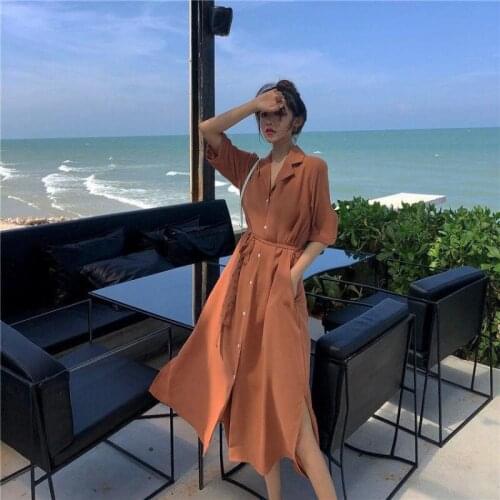 French Solid Dress Slit Fashion Shirt Dress Women Spring Summer Vintage Suit Collar Single Breast BOHO Lace-Up Slim A-Line Dress