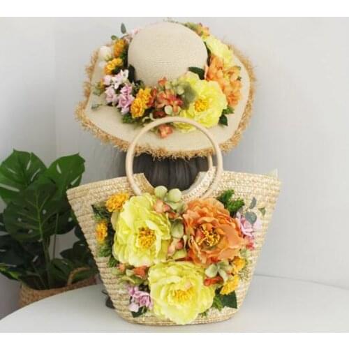 Casual Large Capacity Tote Bags For Women Woven Handbags Handmade Flowers Straw Womens Bag Summer Beach totes with Sun Hat