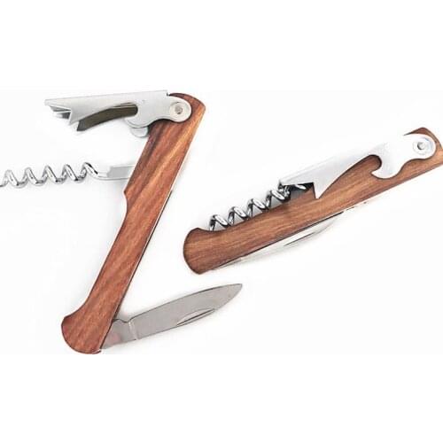 Stainless Steel Hand-Held Deluxe Bottle Opener Wood Handle Wine Opener Corkscrew Double Hinged Waiters Wine Bottle Opener SN3004