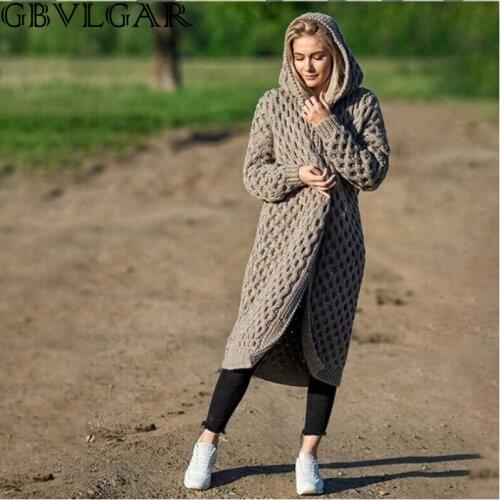 GBVLGAR Women Long Sleeve Vintage Sweater Winter Thick Warm Hooded Long Sweater Outwear Plus Size Coat Ladies Knitted Sweater